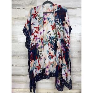 Cato Women’s One Size Navy Blue Floral Short Sleeve Kimono Lightweight Duster
